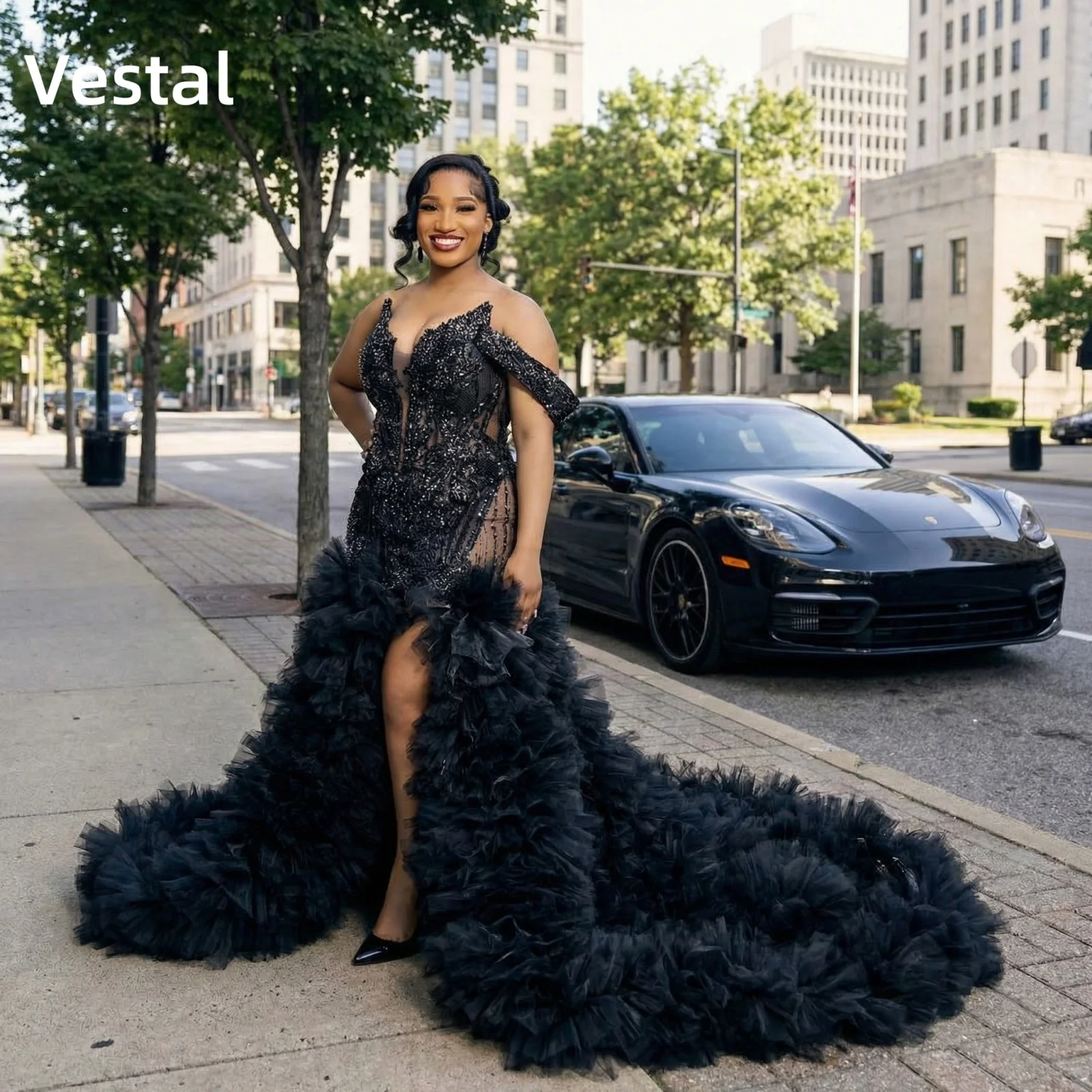 

Sleeveless Black Sequin Prom Dress with Beaded Bodice High Slit Evening Gown Customized