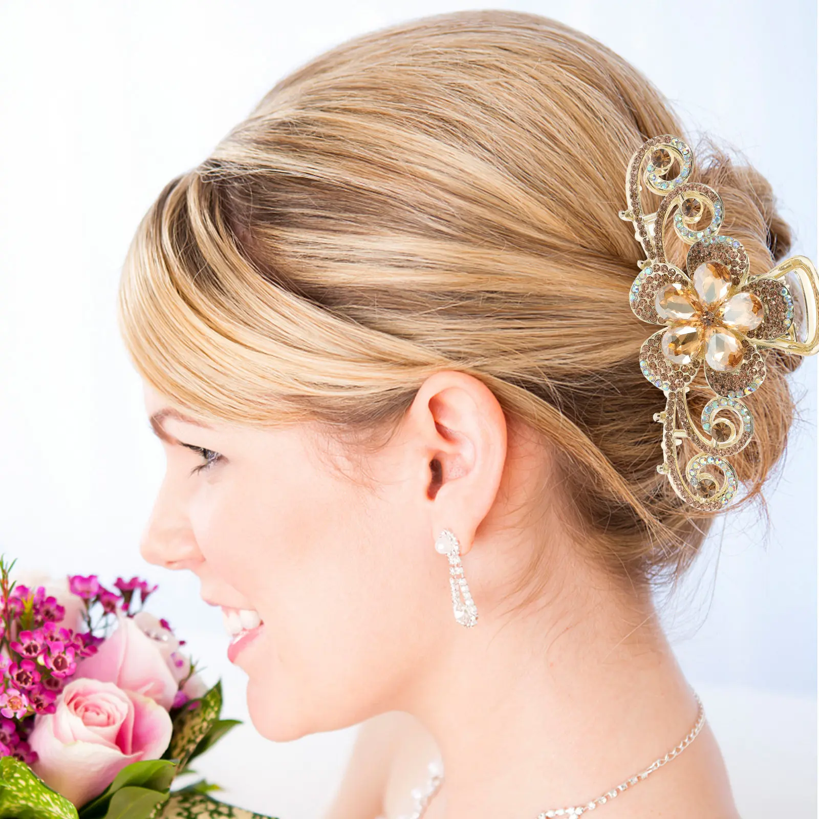

Большая заколка-краб для волос с двусторонними стразами в виде цветка, из сплава, декоративная, для женских причесок, надежно фиксирует прическу