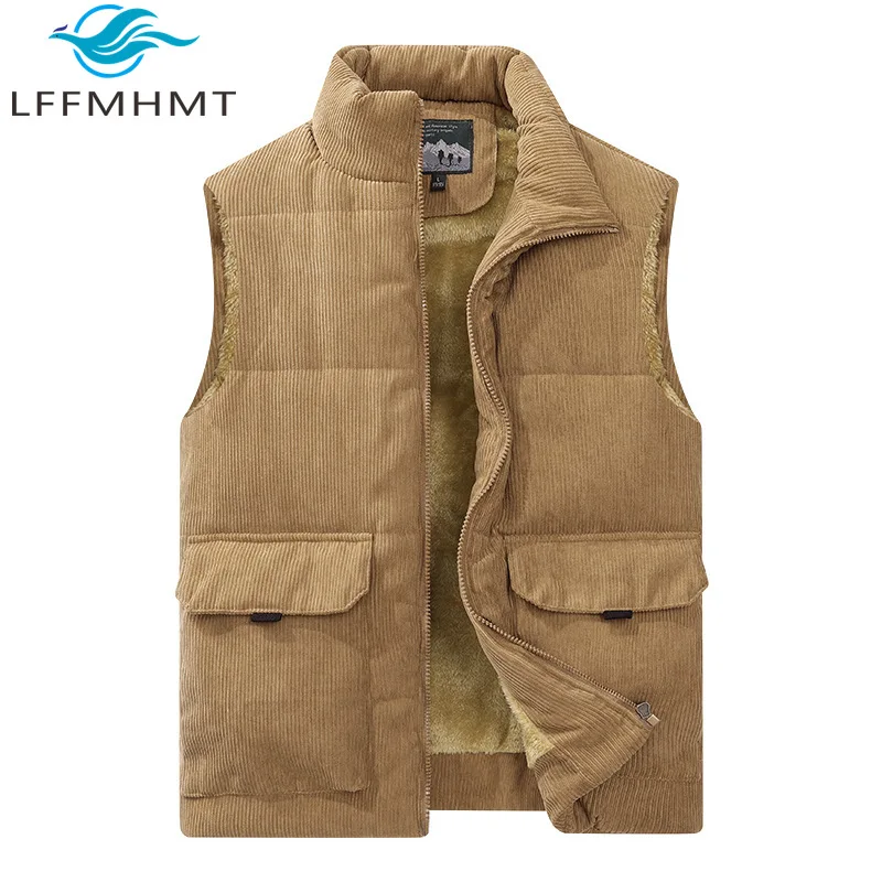 Men's Corduroy Fleece Lined Thickened Vest Winter Fashion Stand Collar Waistcoat Multi Pocket Workwear Cotton Warm Vest Male