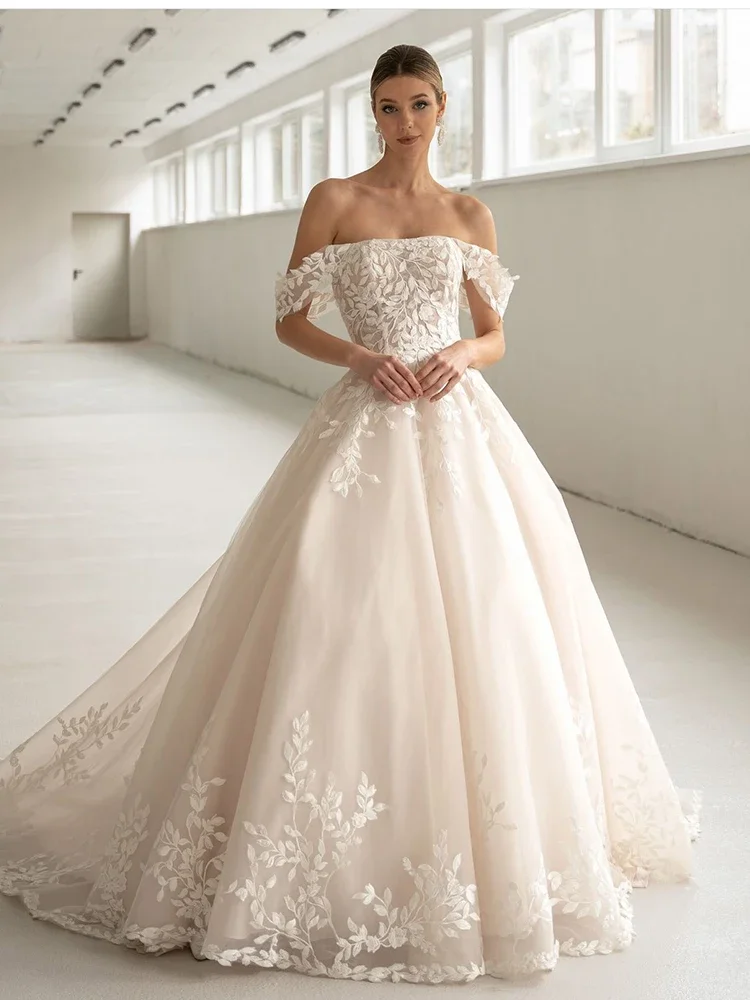 Abito da sposa elegante con scollo a barca in organza di pizzo con ricamo abito da ballo a trapezio senza maniche abito da sposa cerniera posteriore Vestido De Novi