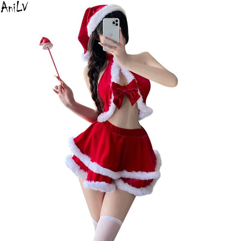 AniLV 2024 New Santa Claus Uniform Outfits Christmas Cosplay Red Bow Top Cake SkIrt Hat Clothes Costume