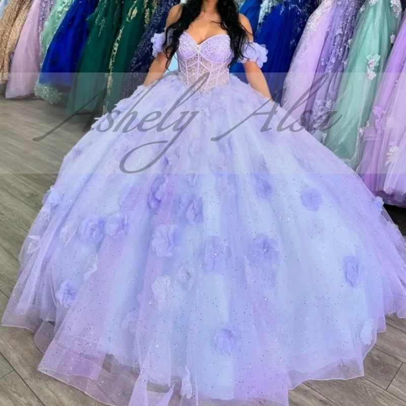 Elegancka liliowa księżniczka słodka 16 14 dziewczęca sukienka na quinceanera Off ramię zasznurować przyjęcie urodzinowe Vestido de 15 anos ballkleider