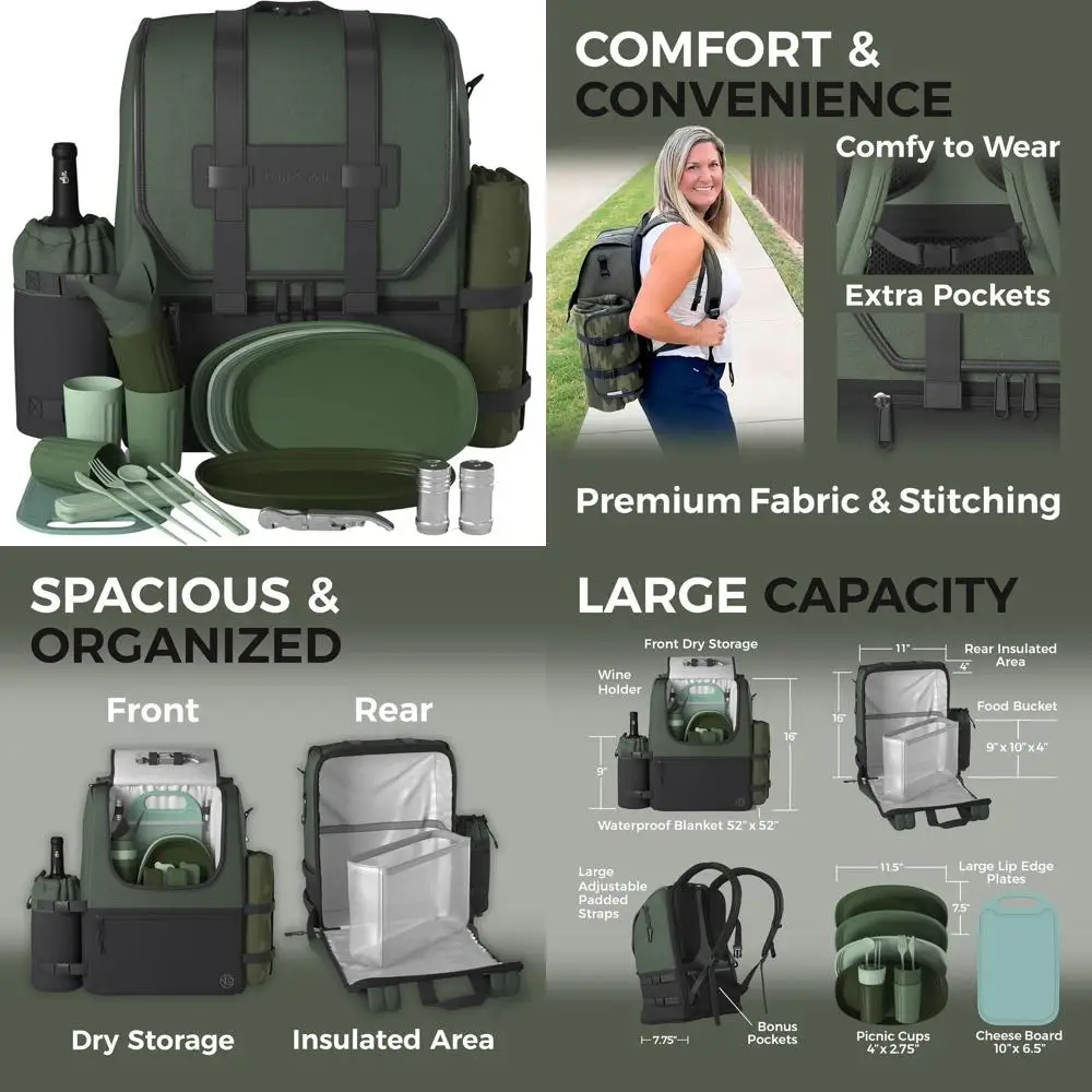 

Family-Sized Insulated Picnic Backpack with Blanket and Wine Cooler for Mom, Wife, and Daughter by Fern and Moss