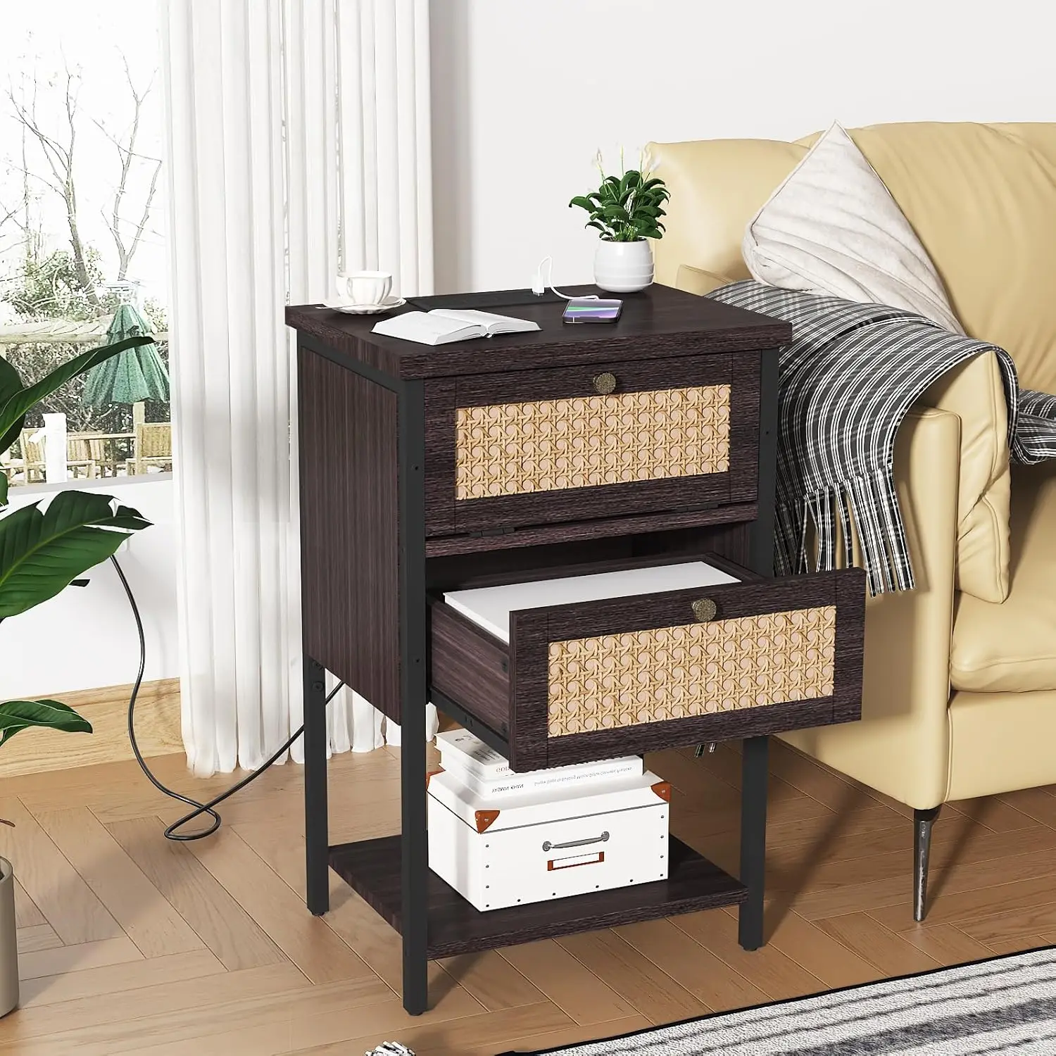 End Table with Charging Station, 2 Tier Rattan Decorated Nightstand with USB Ports and Outlets, Bedside Table with Drawer