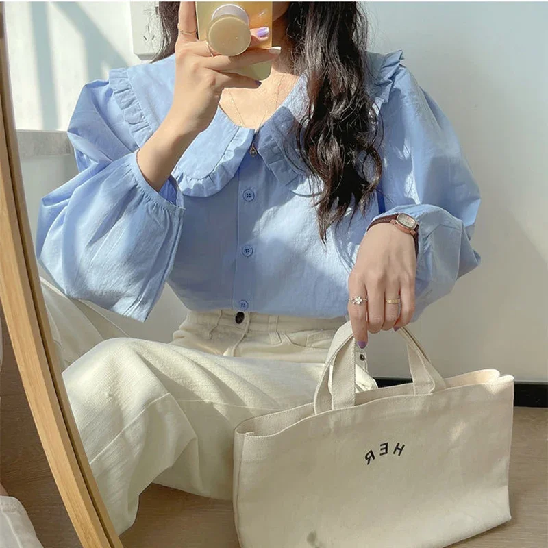 Sweet Peter Pan Collar Shirt Women Vintage Long Sleeve Blouse Female Preppy Style Yellow Blue Loose  Buttons Youth Tops 2023 Y2k