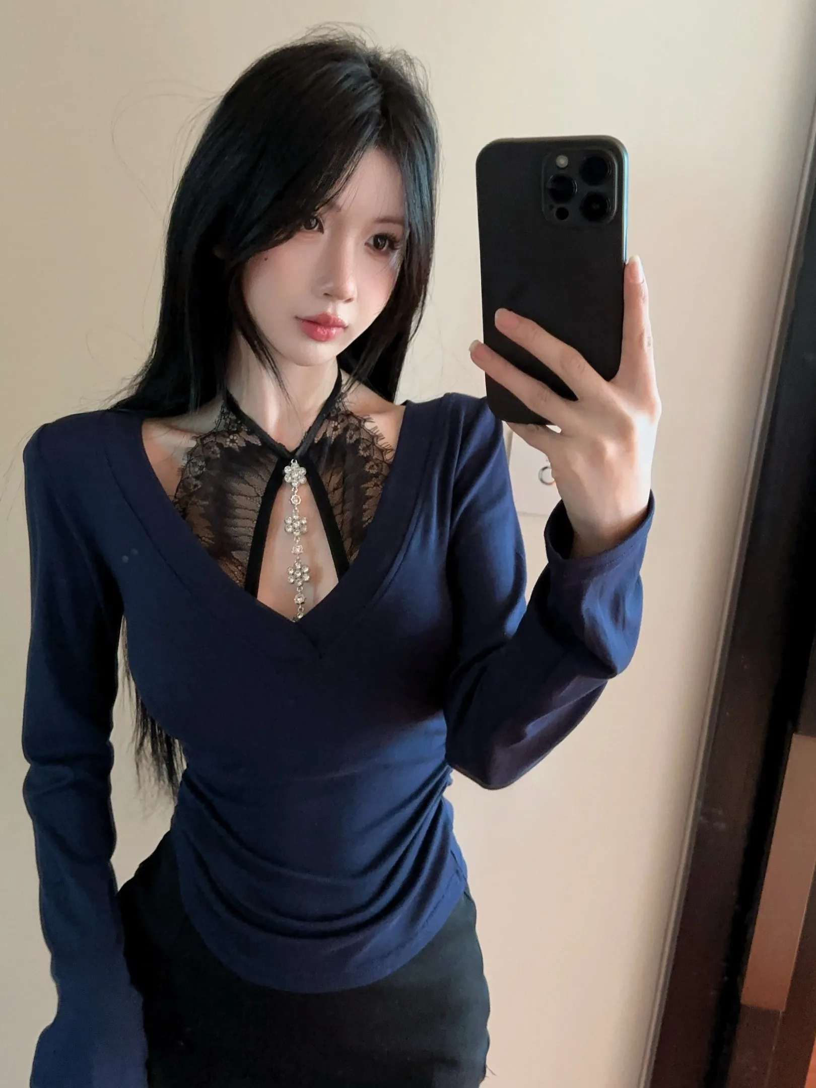 Ele Heavy Rhinestone Lace Ne Hanging V-Ne Long Sve T-shirt Falso in due pezzi Pure Desire Sle Cotone Lino Primavera Su...