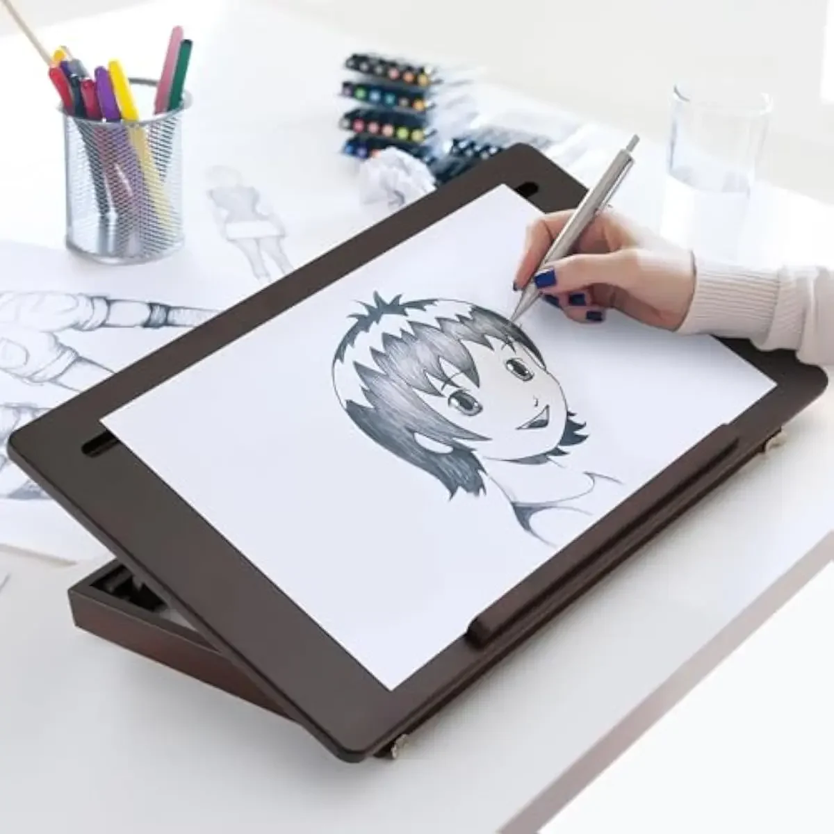 Foldable Bamboo Drafting Table with 7-Position Tilt Adjustment 0-65° and 4-Height Settings 9.3-12.6 Inches Polished Surface Tabl