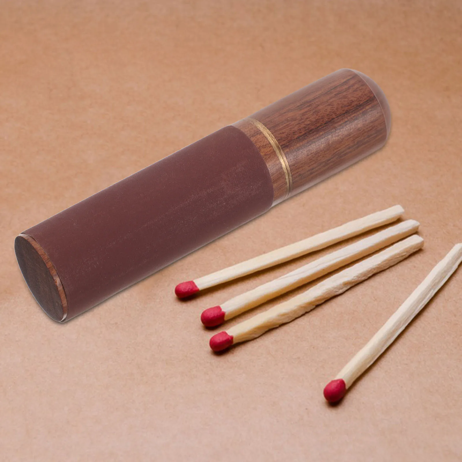

Wooden Match Storage Tube Portable Vintage Match Holder Camping Travel Toothpick Container Small Metal Lid Outdoor Survival Gear