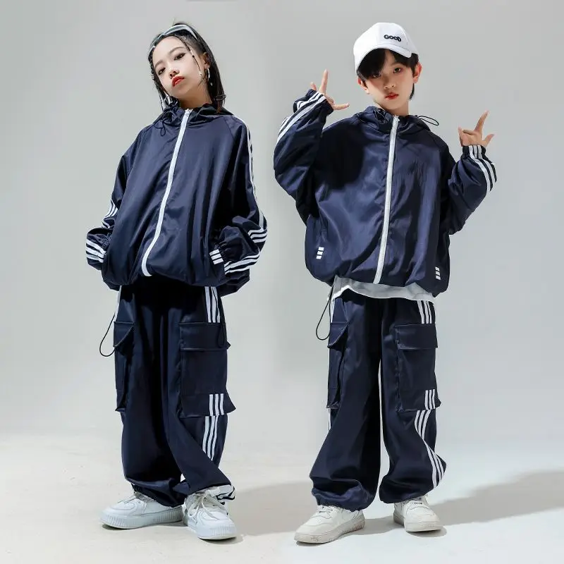 キッズヒップホップコスチューム、ストリートダンスブルーセーターパンツ、ガールジャズ服、ヒップホップパフォーマンススーツ、ヒップホップラッブウェア