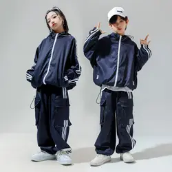 Completo per bambini Costume Hip Hop Danza di strada Pantaloni maglione blu Ragazze Abiti da ballo jazz Vestito da performance Hiphop Abbigliamento rave