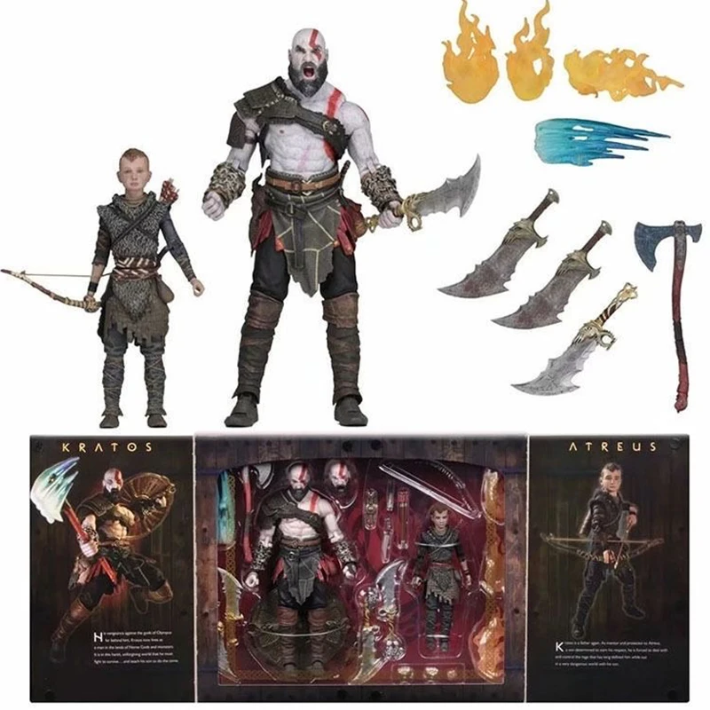 NECA Classic Game Ultimate God of War Action Figure Kratos Atreus Ghost of Sparta with Axe Sword Shield Bow and Arrow Present