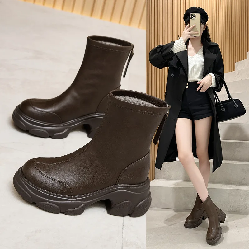 

Женские короткие ботинки на толстой платформе, осень-зима 2025, ретро-стиль, облегающие, на молнии сзади, повседневные, водонепроницаемые, из искусственной кожи