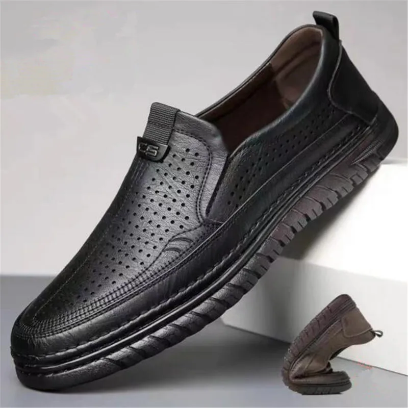 Zapatos de cuero genuino para hombre, mocasines planos informales de negocios, sin cordones, transpirables, clásicos, 2023