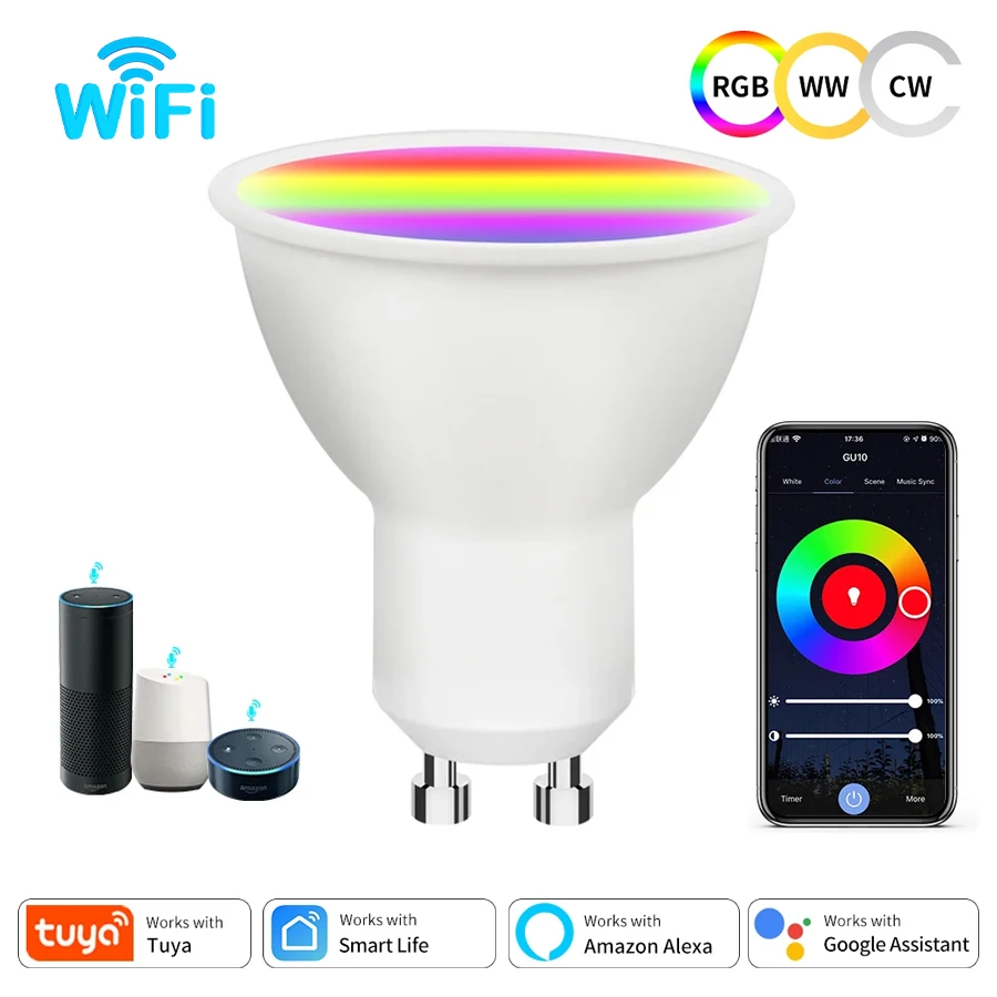 

GU10 Tuya WiFi Smart Bulb 5W 7W 9W 220V 110V Светодиодные лампы Smart Life App Control Прожекторы работает с Alexa Google Home