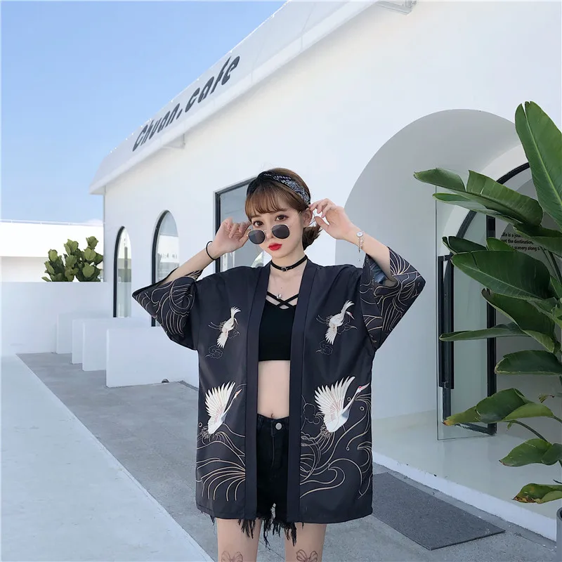 Japanese Retro Artistic Style Improved Crane Print Feathered Kimono Cardigan, Loose and Versatile for Everyday Wear, Spring and Summer Sun Protection Thin Jacket