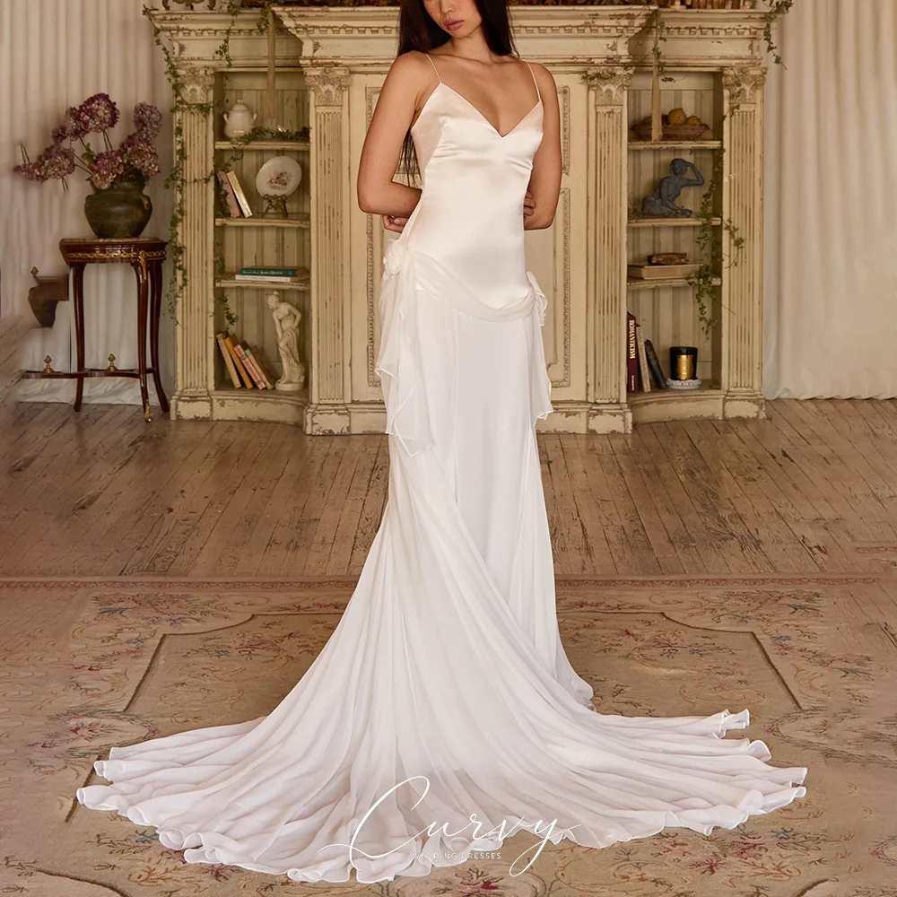 Curvy Minimalist Elegant Customized Spaghetti Strap Satin Chiffon Mermaid Wedding Dress with Asymmetrical Waist Draping 2026
