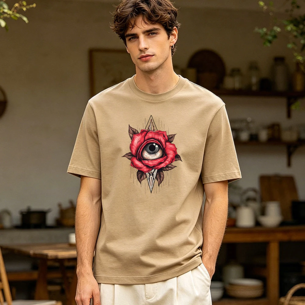 Rote Rose mit menschlichem Augen-Speer-Rahmen, Herren-Sommer-T-Shirt aus Baumwolle, Gothic-Dunkelmuster, ideal für Punk-Street-Style-Enthusiasten
