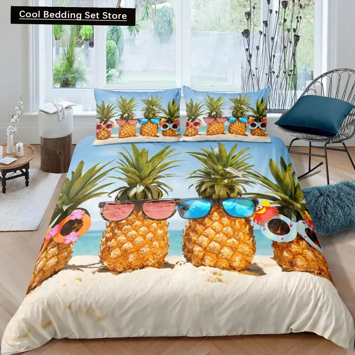 

Pineapple Duvet Cover Set King Size Yellow Geometric Pineapple Bedding Set Seaside Beach Theme Fruit Printed Comforter Cover