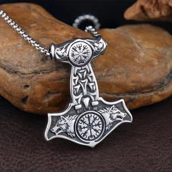 Viking Thor Hammer Pendant for Men Stainless Steel Unique Nordic Raven and Wolf Necklace Amulet Scandinavian Jewelry Accessories