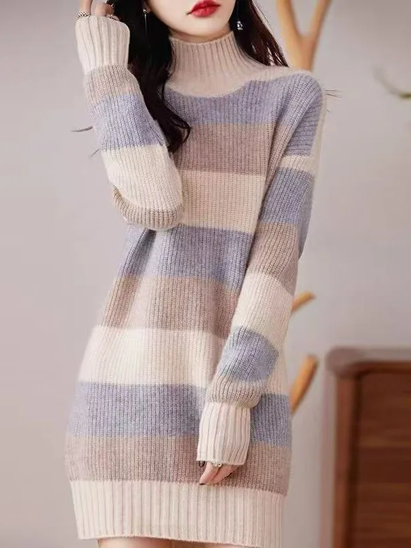 

Autumn Winter High Ne Knitted Sweater Women's Loose Midi Pullover Sweater Dr Slimming Base Layer irt Color Blo Striped