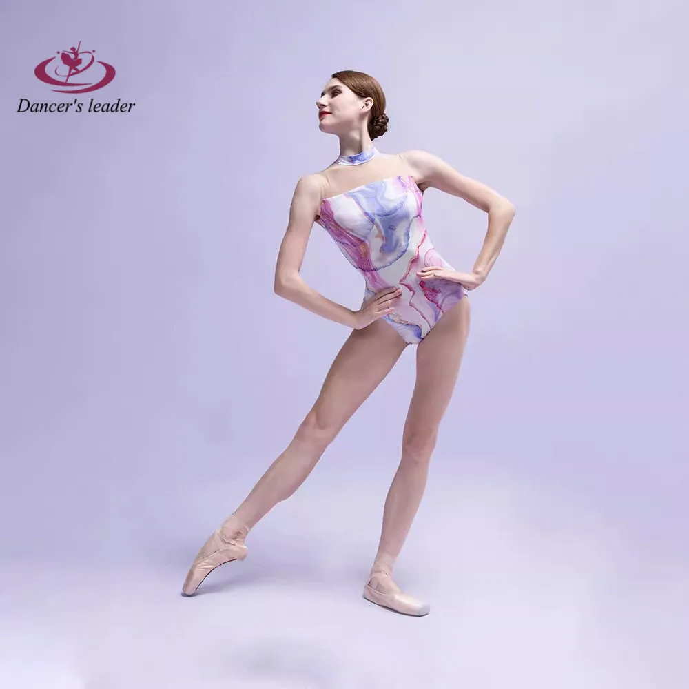 

Ballet Costume Leotard for Summer Sentiless Printed Vertical Collar Gymnastics Tight Clothes Performance Aerial Yoga Costume