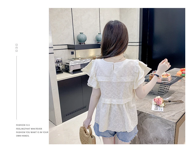 Koreaanse stijl schattig fluttermouwen borduurwerk ruches blouses zomer beige kaki roze kanten shirts top elegante dames