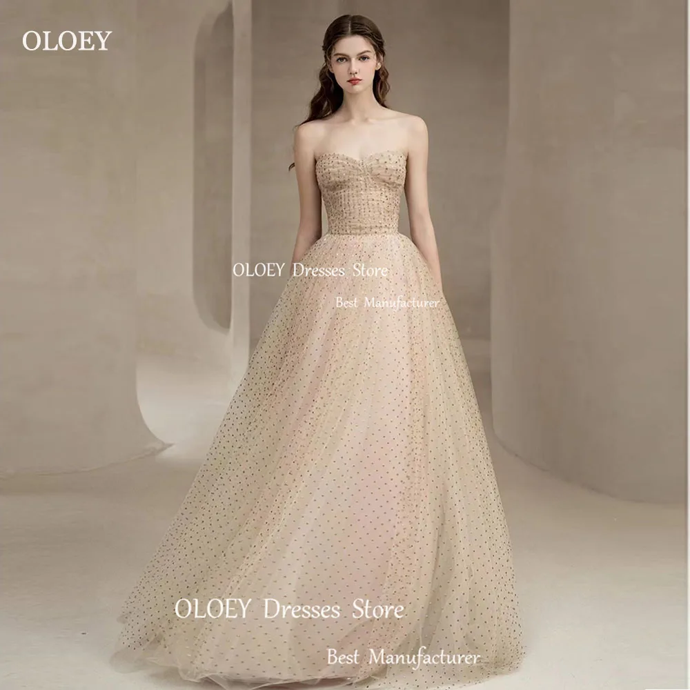 OLOEY Fancy a-line Shiny Tulle senza spalline abiti da sposa coreano servizio fotografico corsetto senza maniche lunghezza del pavimento abiti da sposa principessa