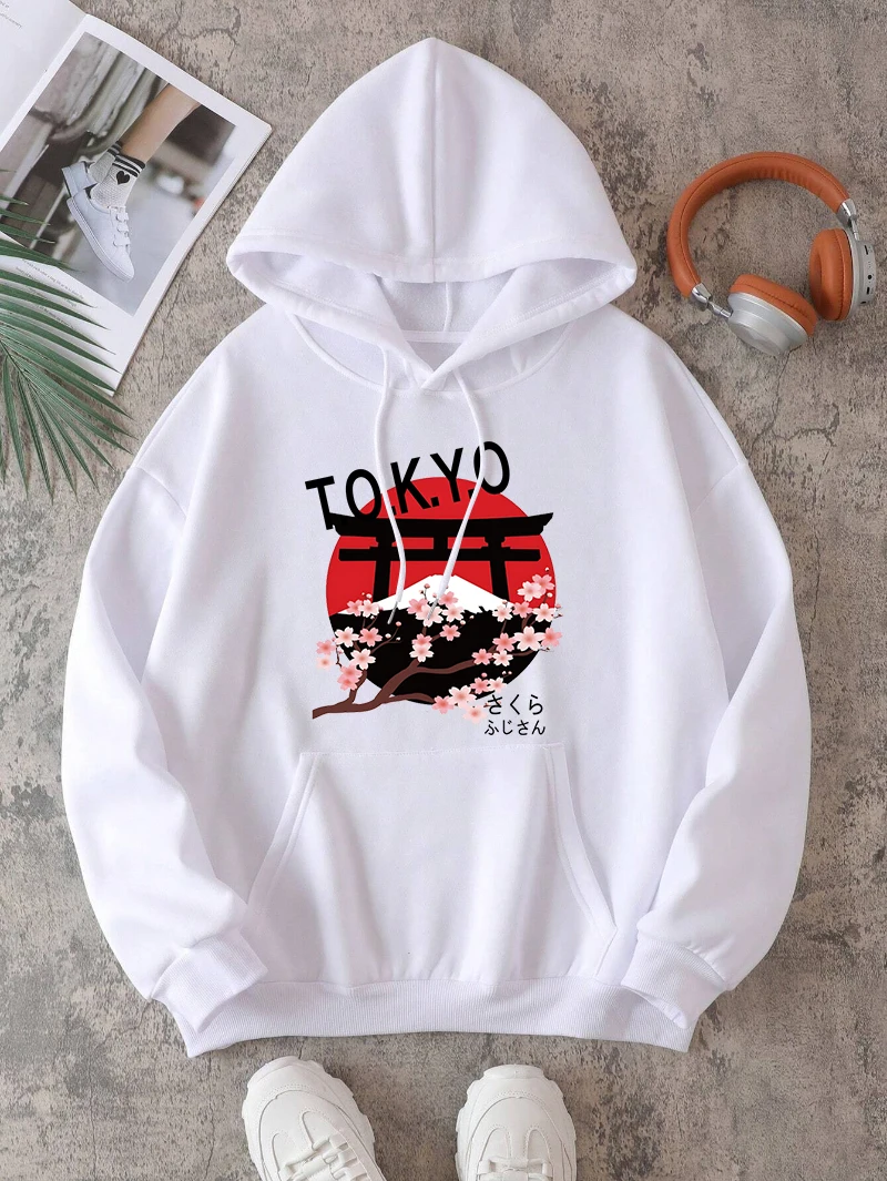 Tokyo Harajuku Hoodie Women Cherry Blossoms Prints Sweatshirt Pocket Loose Fleece Warm Hooded Street Comfortable Woman Clothes