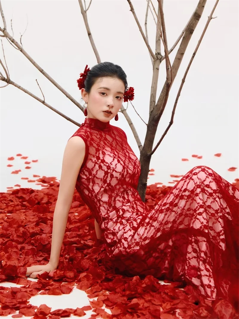 

Ele Red Lace Wedding Morning Robe New Chinese Sle Svel Long Skirt for Bride Morning Photooot High-End Sensation