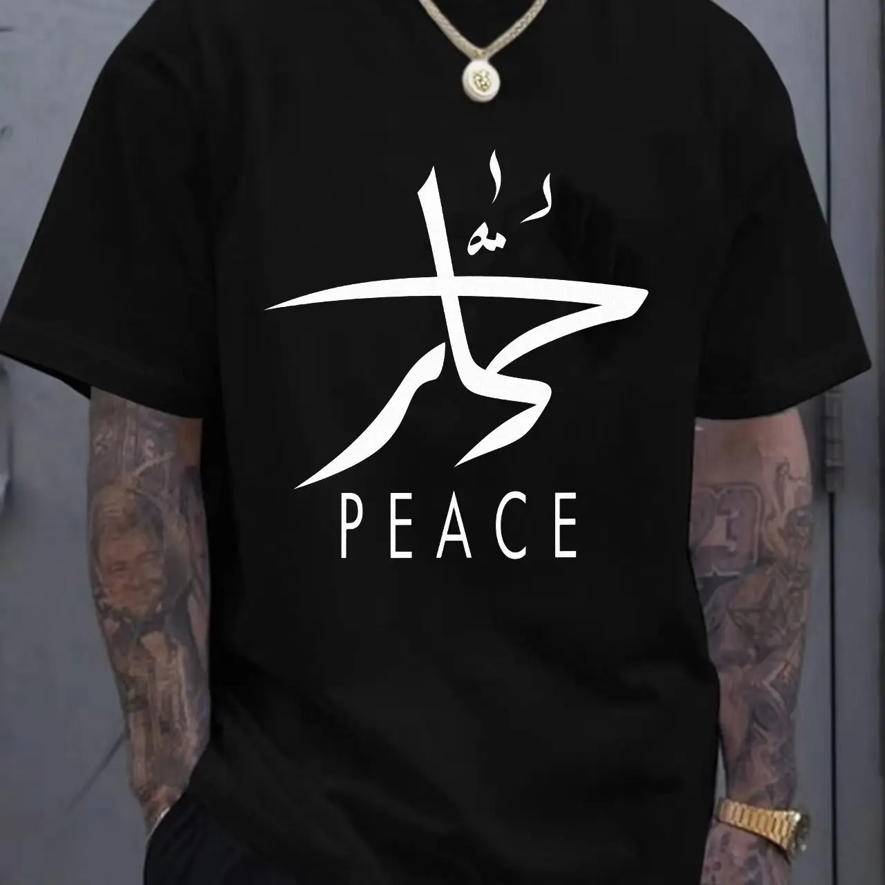 

Plain White Short Sleeve Crew Neck T-Shirt with Front Stylized Abstract Symbol & 'PEACE' Text - Casual Summer Cotton Tee for Dai