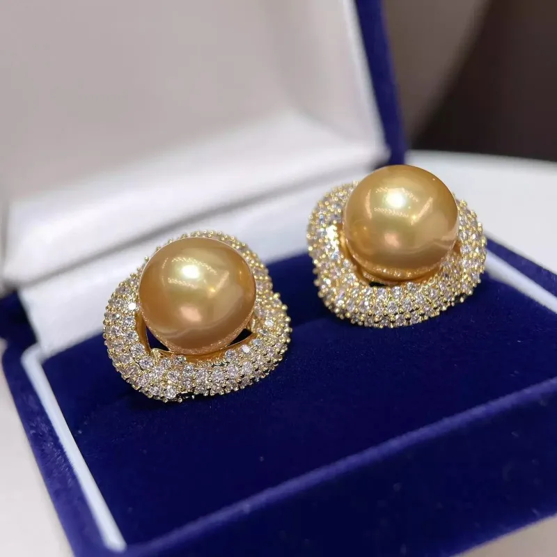 Gorgeous Huge AAAAA 9-10mm Natural South Sea Round Gold Pearl Earrings, Stylish Retro Women's Stud Earrings 925S.-