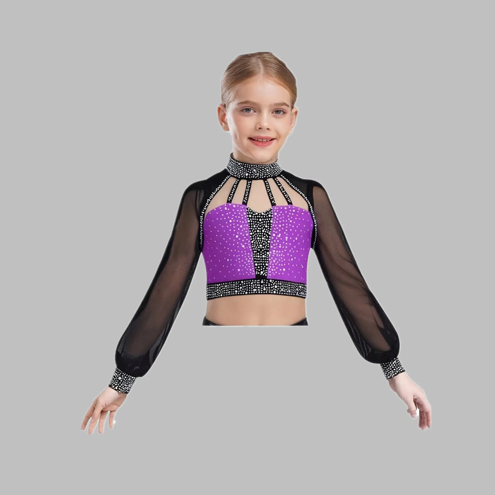 

Kids Girls Shiny Rhinestones Dance Crop Top Sheer Mesh Strappy Ballet Dance Top Gymnastics Figure Skating Performance Costume