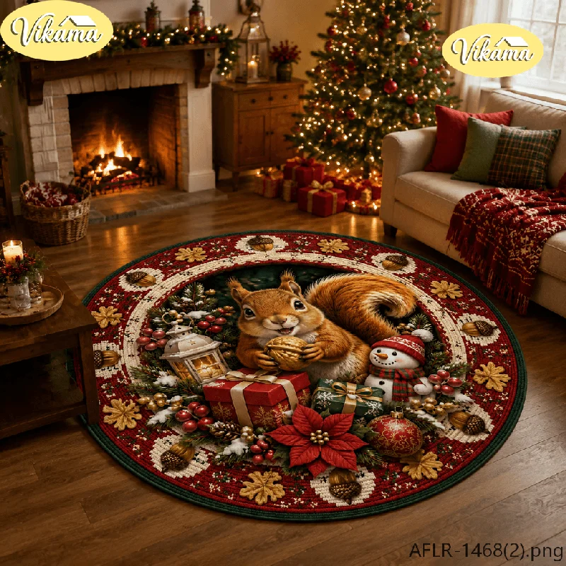 VIKAMA Christmas Poinsettia Flower Fluffy Round Area Rug Anti Slip Absorbent Floor Mat for Study Bedroom Holiday Home Decor