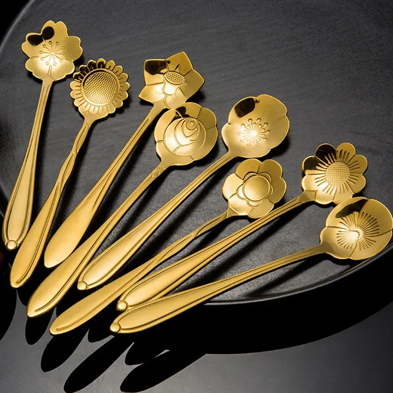 8Pcs Set Small Flower Teaspoon 304 Stainless Steel Ice Cream Coffee Spoon Gifts Dessert Tableware Kitchen Tableware Accessories
