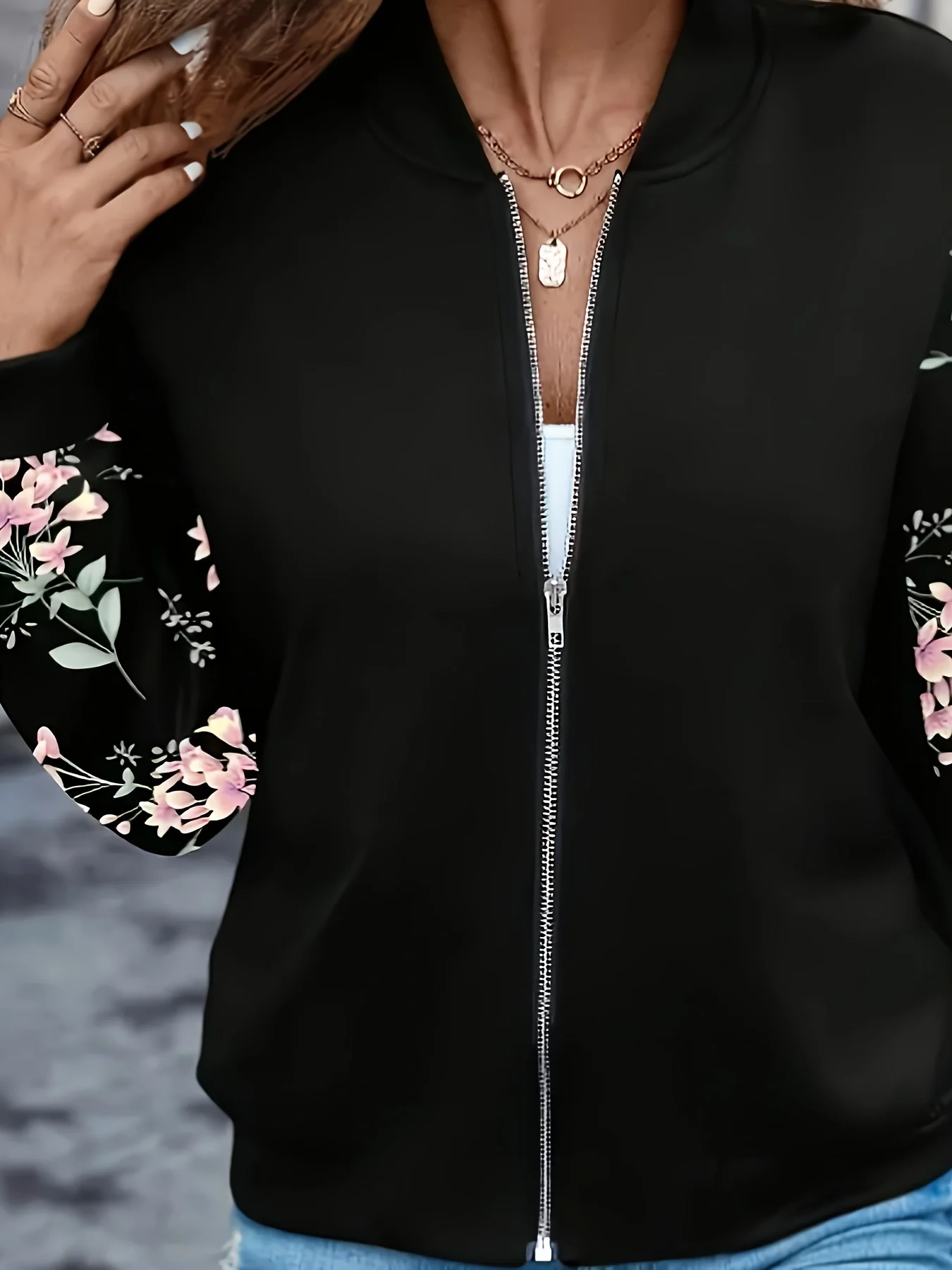 Herbst- und Winter-Langarmjacke mit Dünnem Reißverschluss, Blumenmuster und Modischem Design – Detail 5