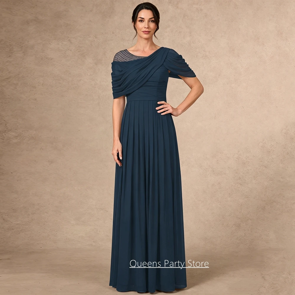 Customized Mother of The Bride Dress New Arrival Scoop Neck Pleat Ruched Beading Floor Length Chiffon Navy Wedding Guest Gown