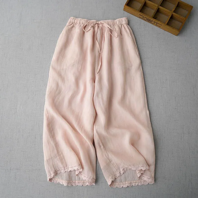 Solid Pants for Women Loose Baggy Pants Vintage Summer Thin Korean Style Elastic Waist Cropped Trousers Flowing Wide Leg Pants