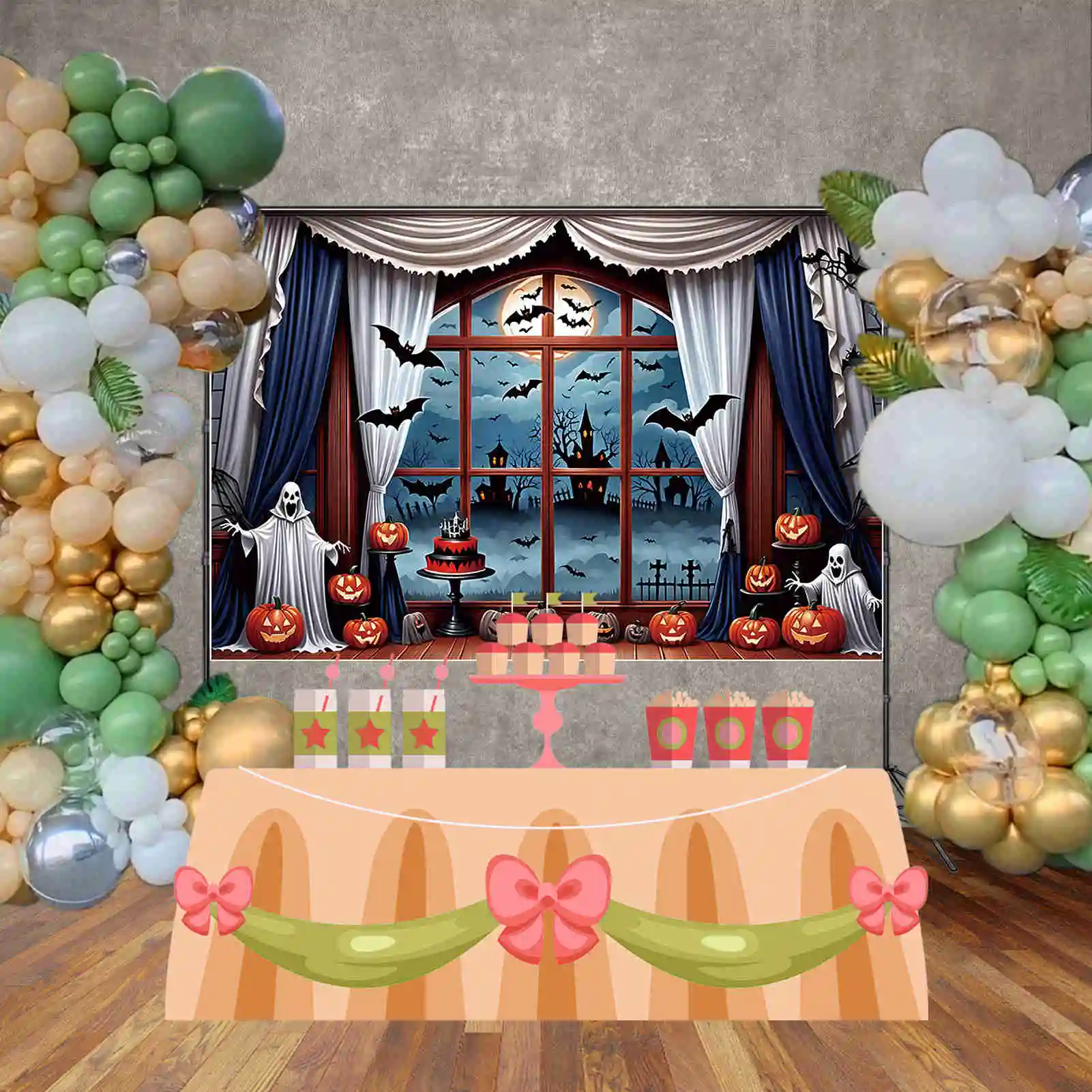 MOON.QG latar belakang merah Halloween menyeramkan hantu dalam ruangan batu nisan anak-anak latar belakang kustom dekorasi pesta perlengkapan pengambilan foto