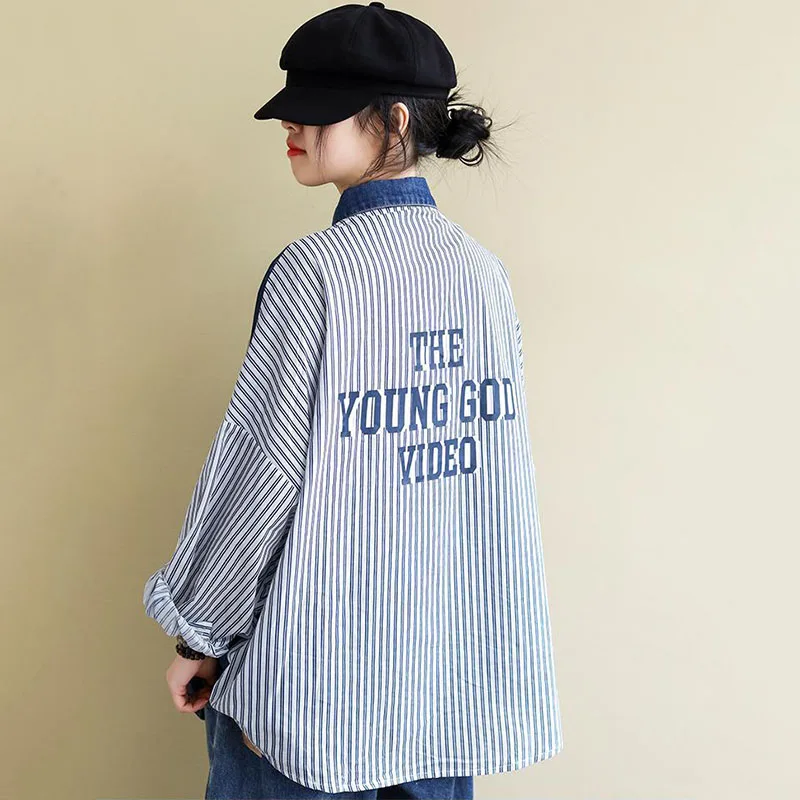 

Spring Autumn Loose Shirt Women Coat Long-Sleeved Shirt 2025 New Fashion Leisure Stitching Denim Striped Casual Shirt Female Top
