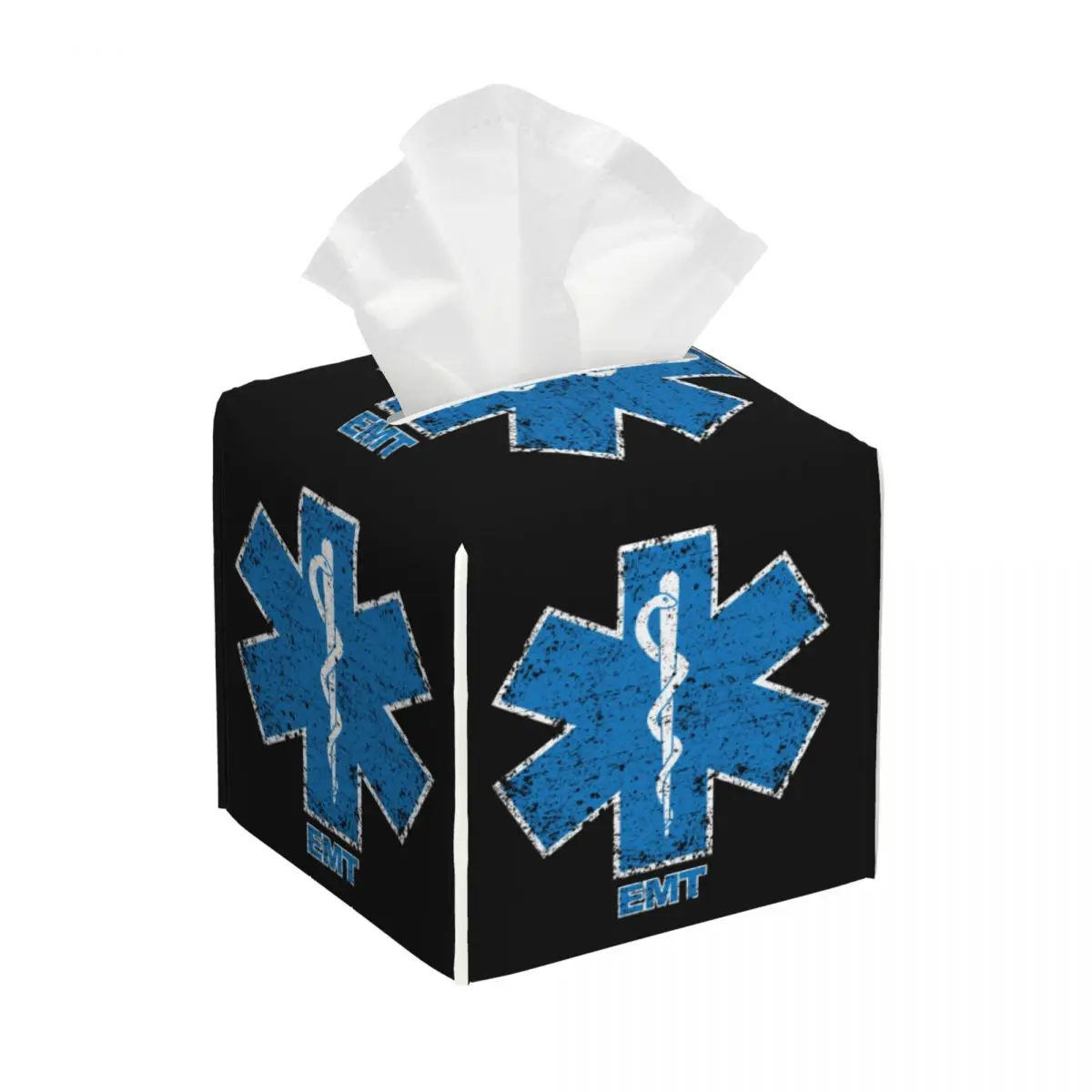 Custom Emt Star Of Life Tissue Box Holder Square Paramedic Medic Ambulance PU Leather Facial Tissue Box Cover for Car Home