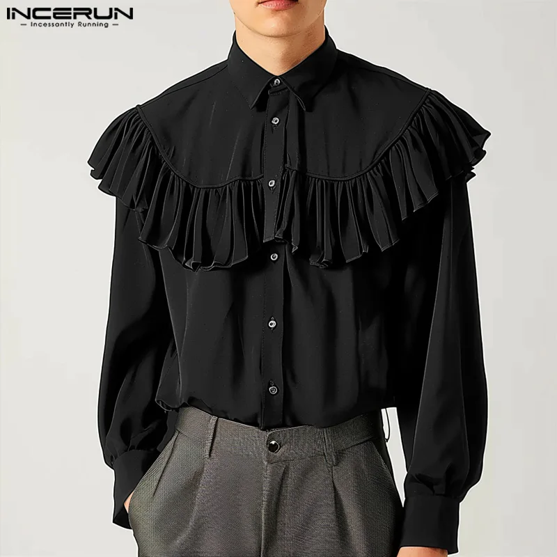 INCERUN Men Blouse Turn Down Collar Long Sleeve Solid Color Ruffled French Style Shirts Elegant Casual Loose Button Up Blusas