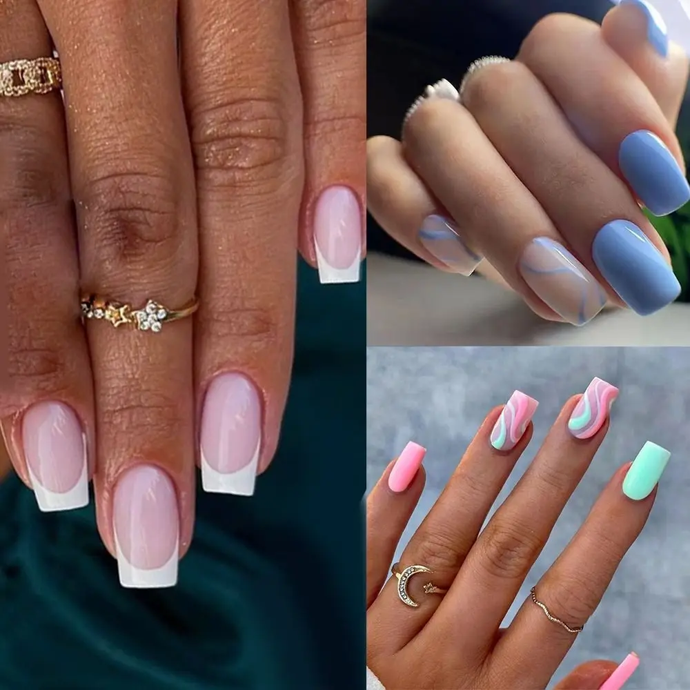 Longo Quadrado Unhas Postiças, Linhas Azuis, Francês Pressione Unhas, Rosa e Verde, Cobertura Completa Dicas de Unhas, DIY, Novo