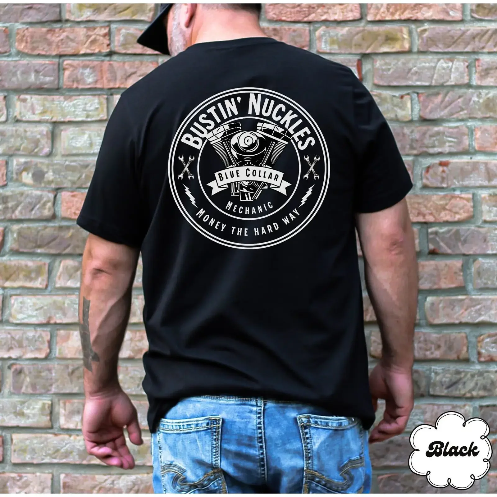 Bustin' Nuckles Blue Collar Mechanic T Shirt Money The Hard Way Funny Repair Worker for Dad s vintage Washed Casual Soft
