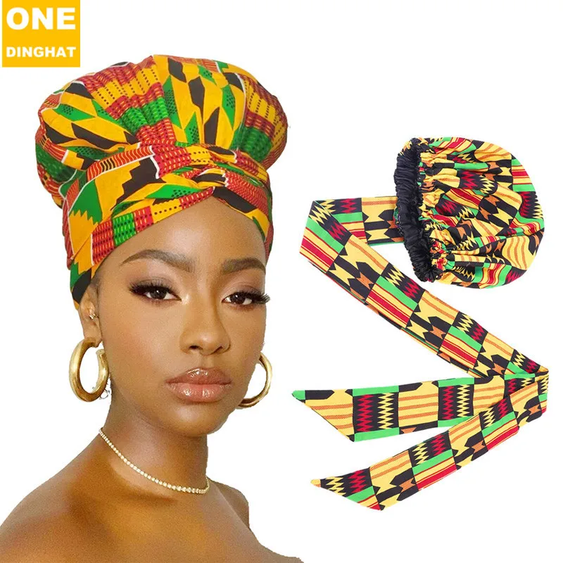 African Printed Satin Ribbon round Cap Double-Layer Satin Tam-O'-Shanter Wrap Scarf Tam-O'-Shanter