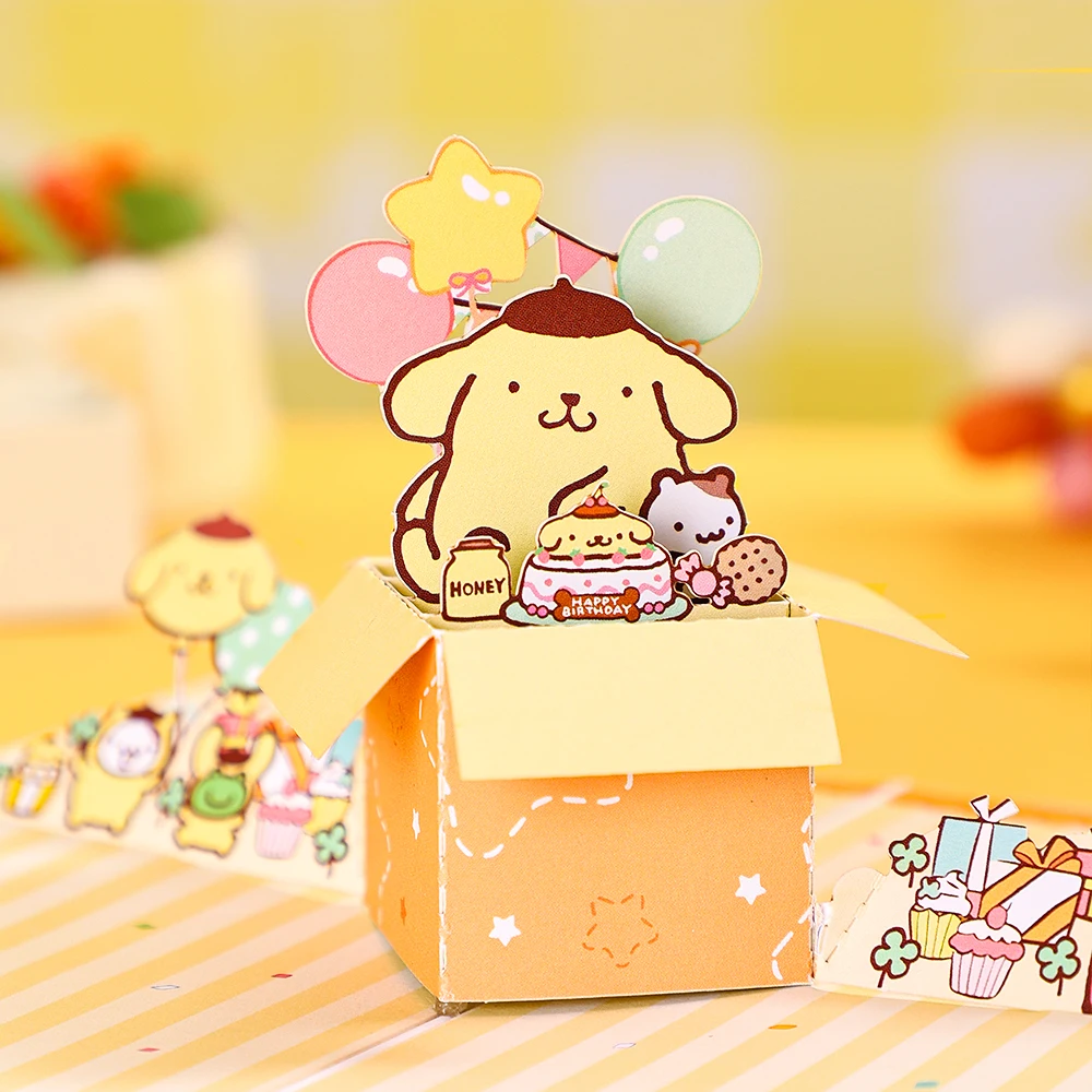 Biglietto di auguri di compleanno con PomPomPurin adorabili biglietti di auguri per cartoni animati Sanrio con busta regali di compleanno per