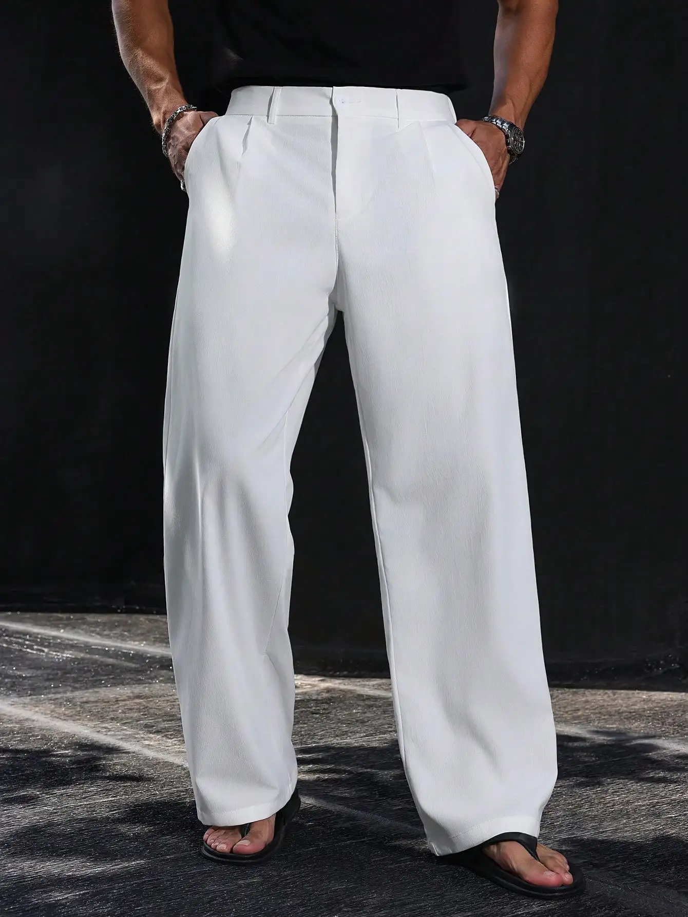 

Мужские белые брюки с широкими штанинами, текстурированные, мягкие, с одной складкой, свободного прямого кроя для летнего повседневного образа