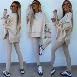 Women Sweatshirt 2 Piece Set Loose Casual Pullovers Oversized Slit O-neck Tops Yoga Ribbed Leggings Fashion Street Outfits