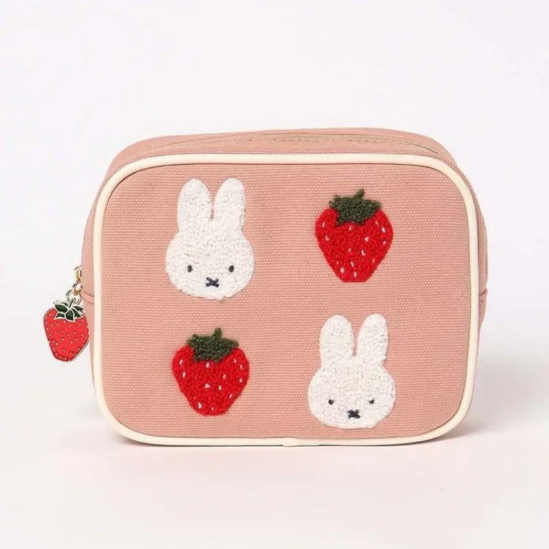 Miffy strawberry Cartoon kawaii Pink square Makeup Storage bag portable Embroidery fashion canvas Lipstick bag anime plush