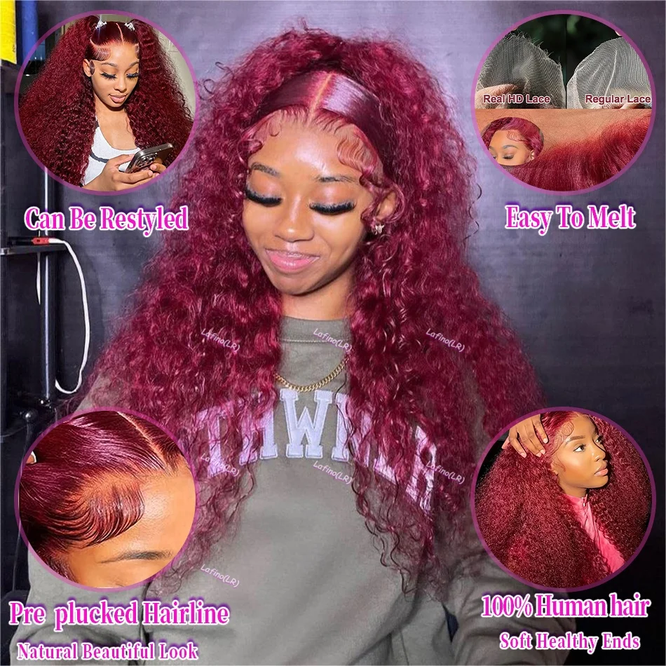 Wet And Wavy 99j Lace Frontal Wig Human Hair Burgundy 13x6 Hd Lace Frontal Human Hair Wig Red Curly Lace Front Human Hair Wigs