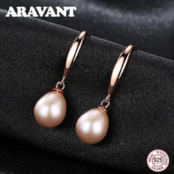 925 Sterling Silver Rose Gold Drop Earrings For Women Freshwater Pearl Earrings Wedding Jewelry White Pink Purple